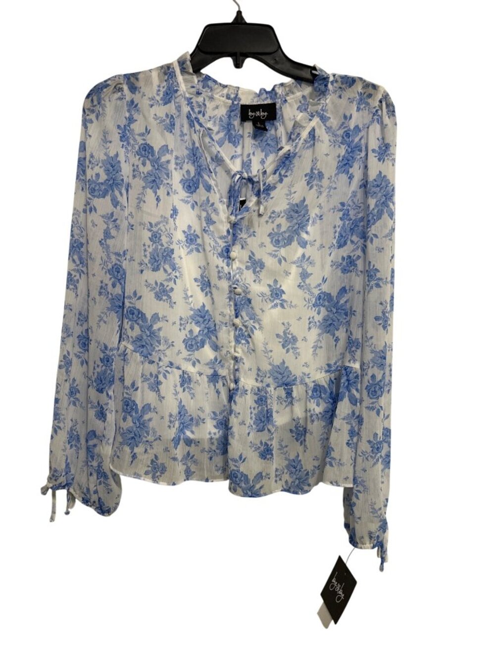 By & By Womens Blue Floral Long Sleeve Ruffle Top Lightweight Sheer Polyester Si